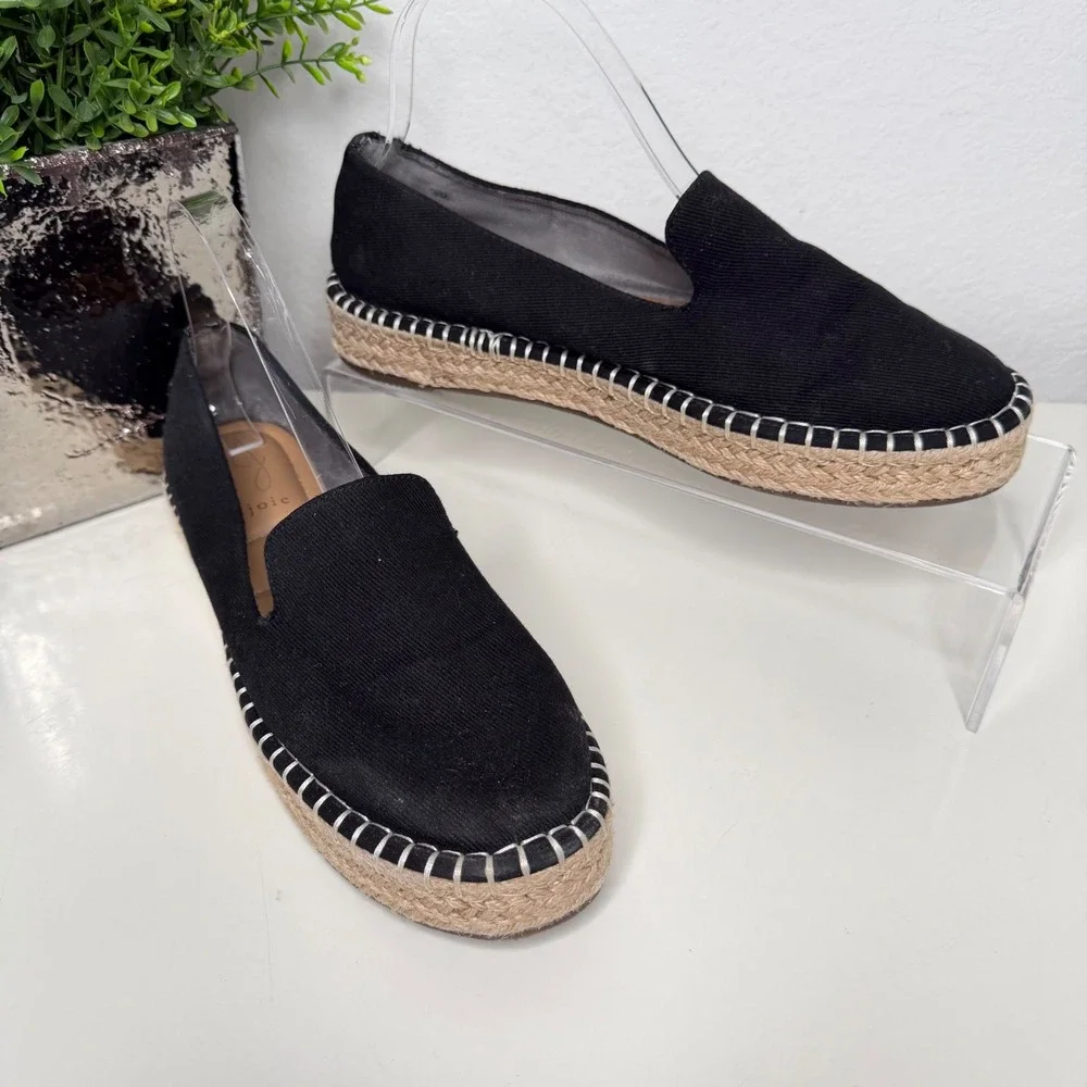 Joie Cara Espadrille Flats Womens Black Canvas Platform Slip On Coastal Size 9M